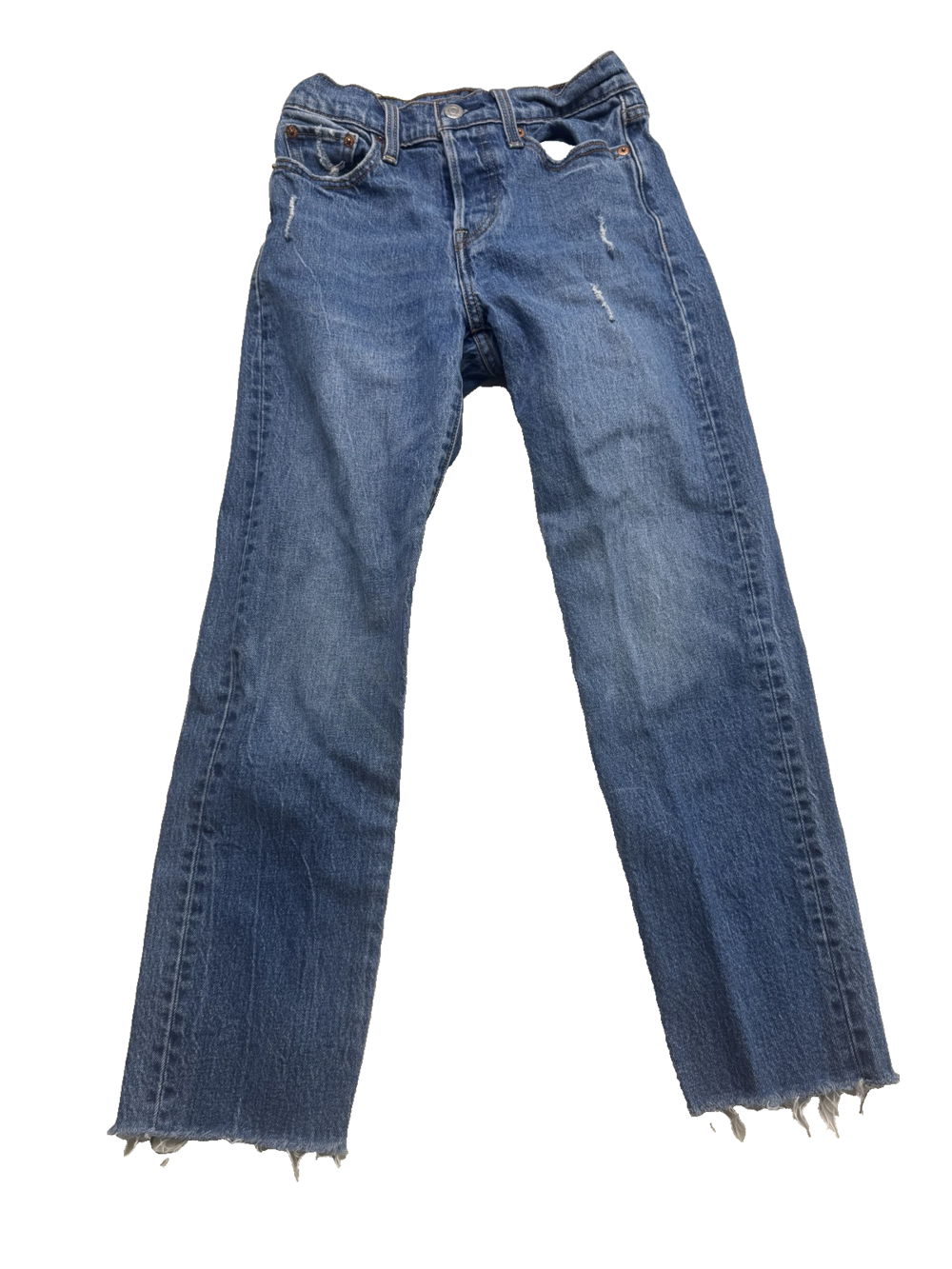 Levis 501 Jeans Womens 25 Blue Distressed Straight Leg Button Fly Raw Hem Denim